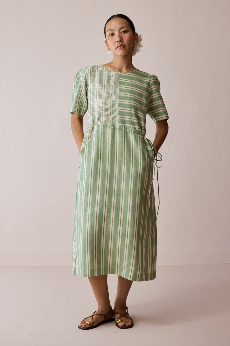 Sola Patchwork Block-Printed Linen Dress-Fern linen dress by Manan in green for women in Singapore