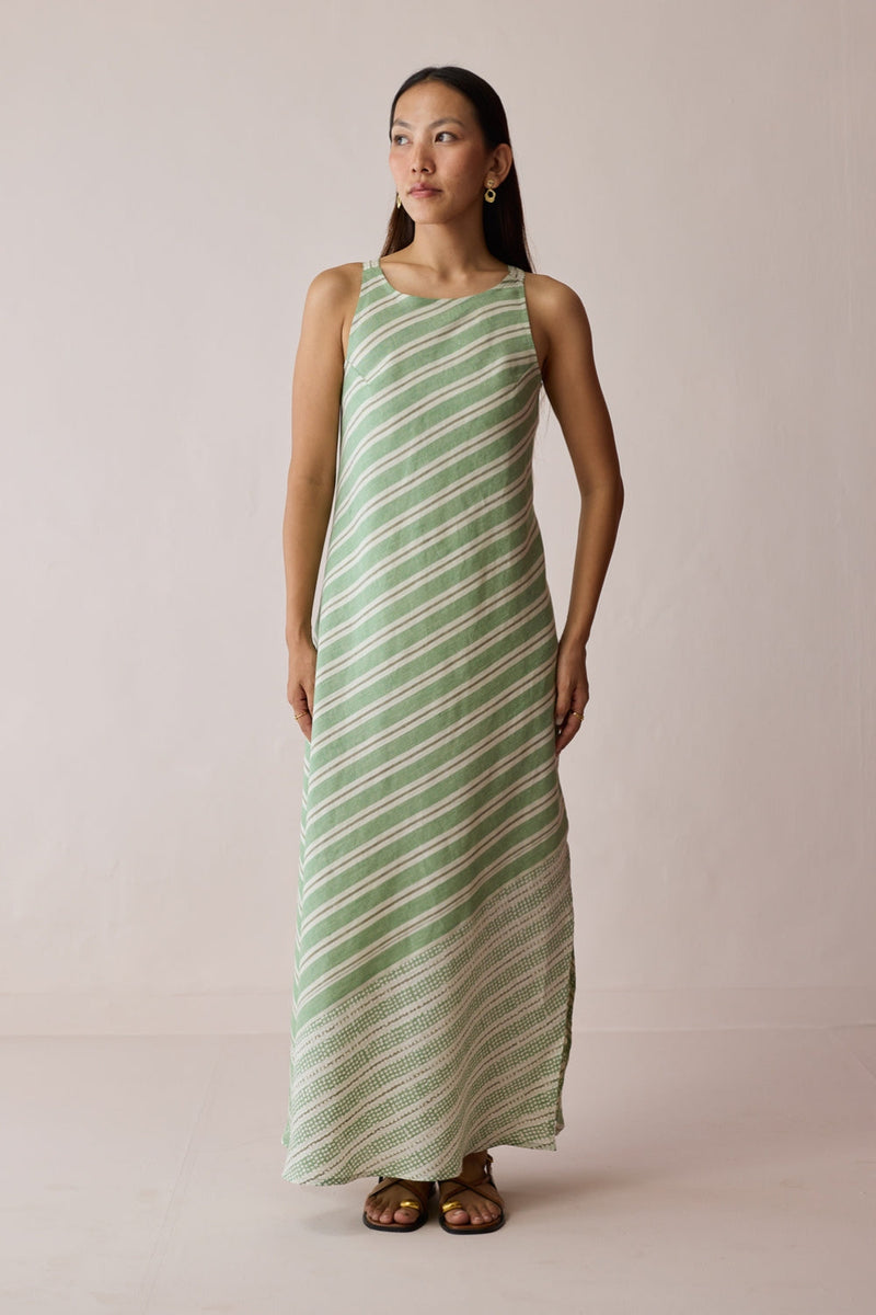 Orta Stripe Linen Bias Sleeveless Dress-Fern linen dress by Manan in green for women in Singapore