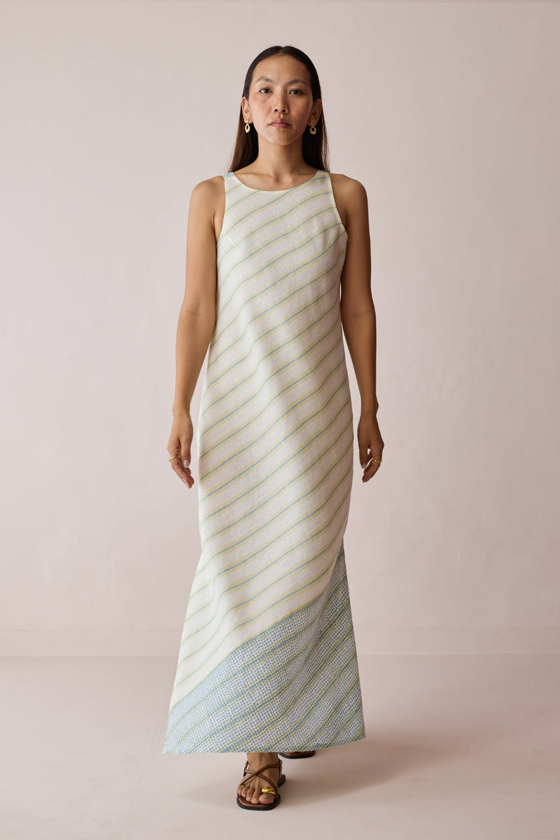 Orta Stripe Linen Bias Sleeveless Dress-Ivory linen dress by Manan in ivory for women in Singapore