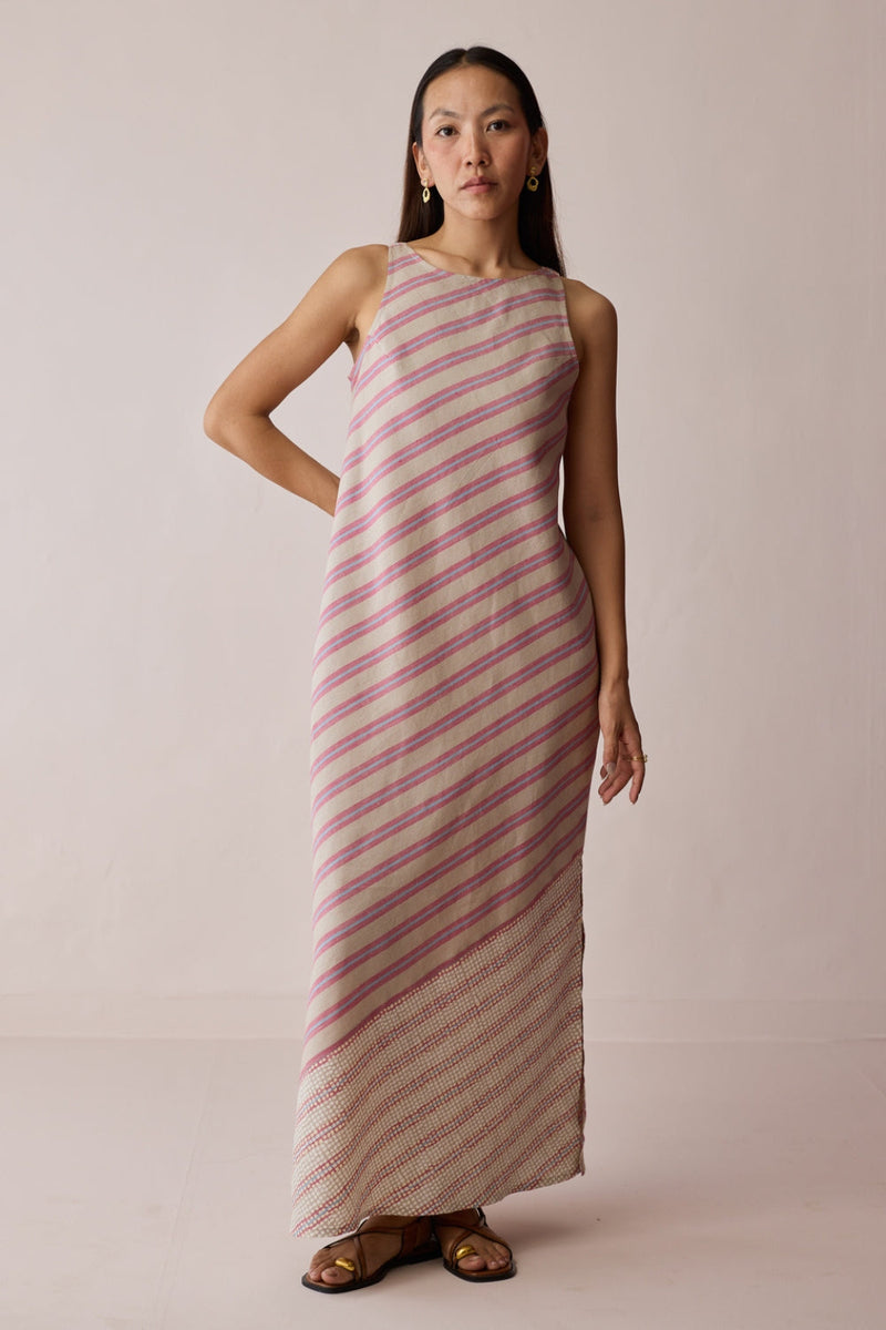 Orta Stripe Linen Bias Sleeveless Dress-Natural linen dress by Manan in off white for women in Singapore