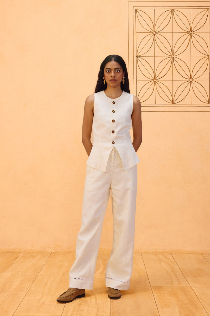 The Slow Linen Waistcoat linen jacket/overlay by SUI in off-white for women in Singapore