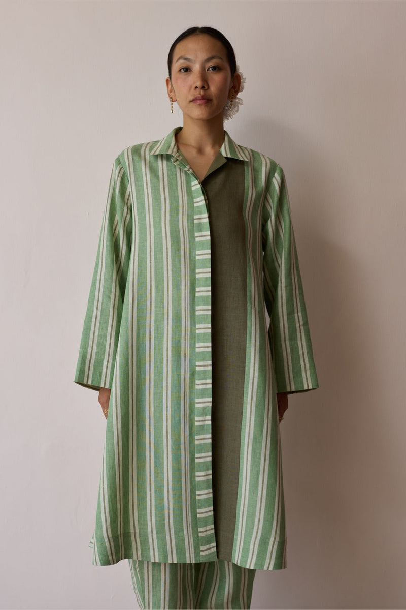 Joana Patchwork Stripe Linen Shirt Kurta-Fern linen tunics/kaftan by Manan in green for women in Singapore