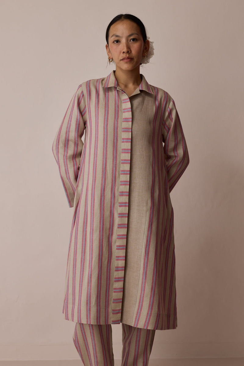 Joana Patchwork Stripe Linen Shirt Kurta-Natural linen tunics/kaftan by Manan in off white for women in Singapore