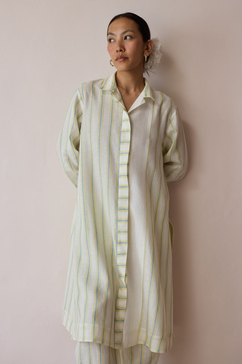 Joana Patchwork Stripe Linen Shirt Kurta-Ivory linen tunics/kaftan by Manan in ivory for women in Singapore