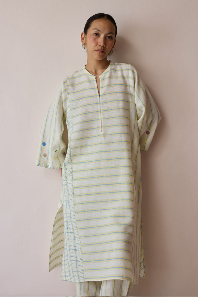 Parvee Block-Printed Linen Angrakha Kurta-Ivory linen tunics/kaftan by Manan in ivory for women in Singapore