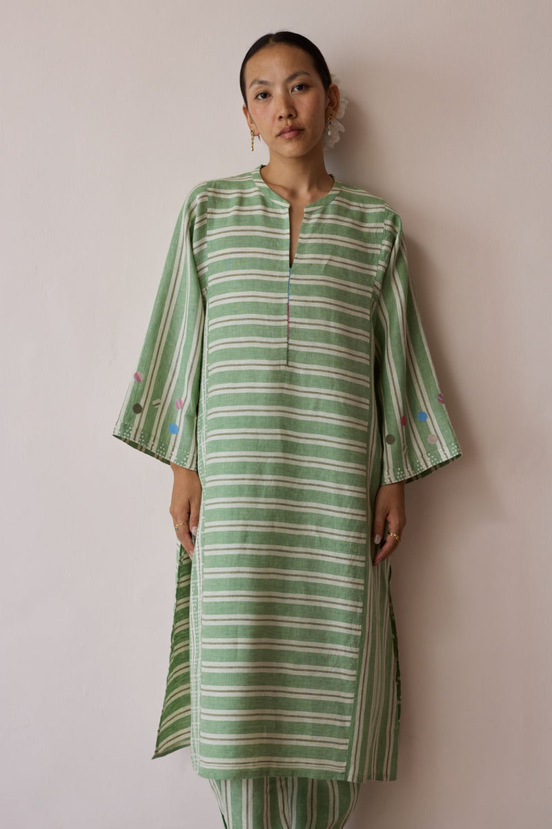 Parvee Block-Printed Linen Angrakha Kurta-Fern linen tunics/kaftan by Manan in ivory for women in Singapore