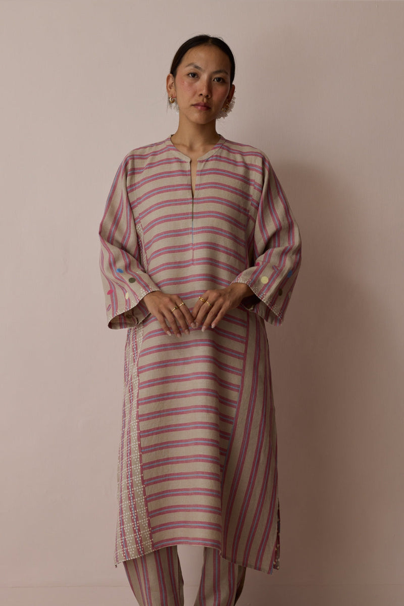 Selle Linen Stripe Applique Kurta-Natural linen tunics/kaftan by Manan in off white for women in Singapore