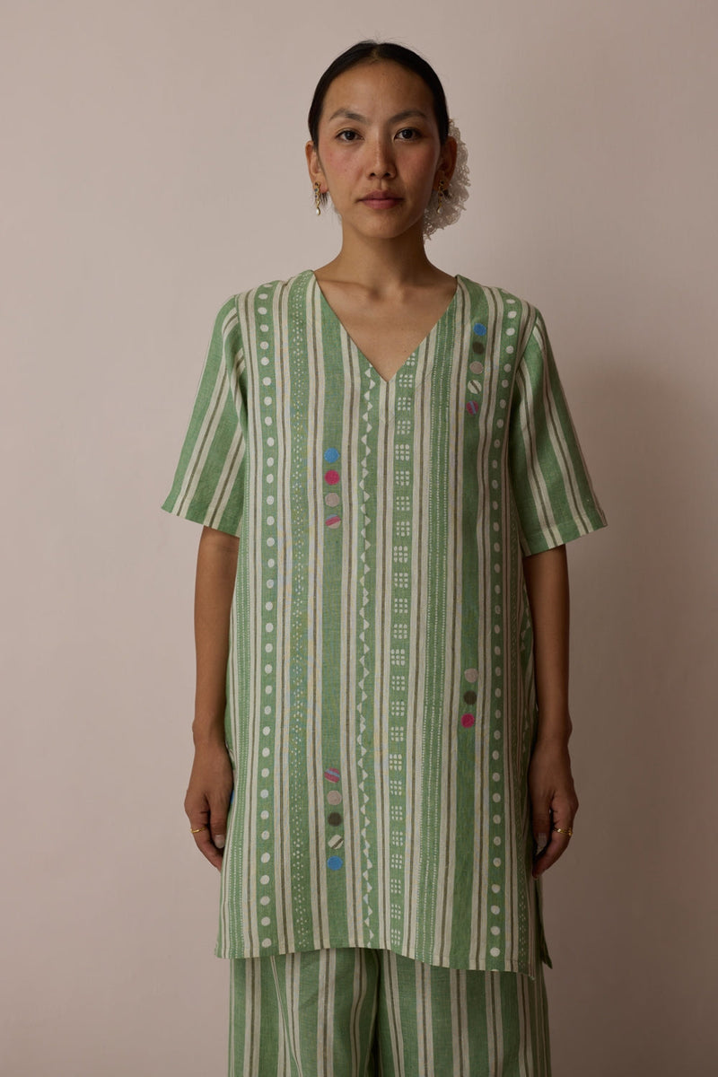 Selle Linen Stripe Applique Kurta-Fern linen tunics/kaftan by Manan in green for women in Singapore