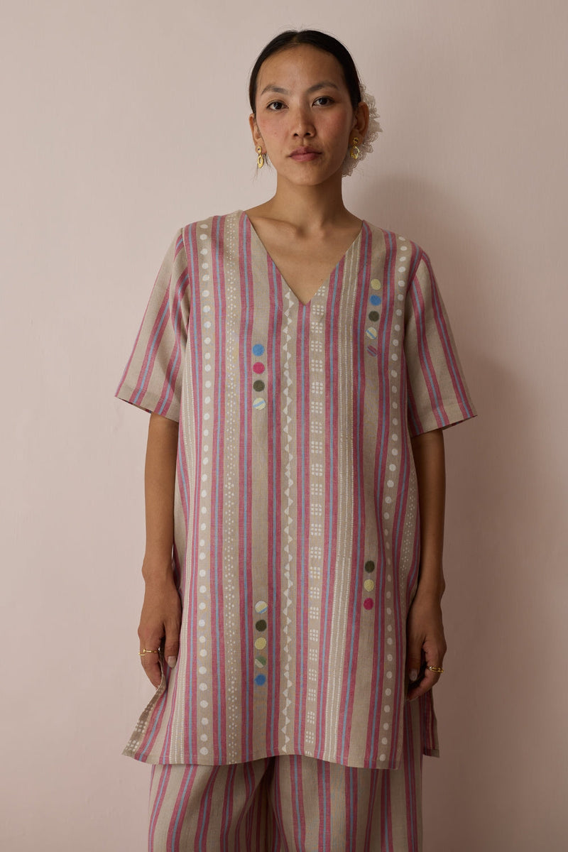 Selle Linen Stripe Applique Kurta-Natural linen tunics/kaftan by Manan in off white for women in Singapore