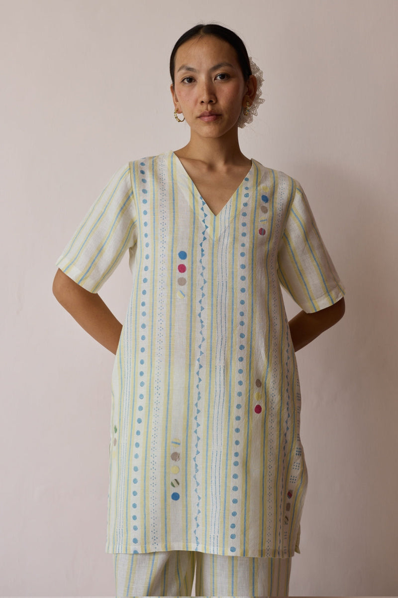 Selle Linen Stripe Applique Kurta-Ivory linen tunics/kaftan by Manan in ivory for women in Singapore