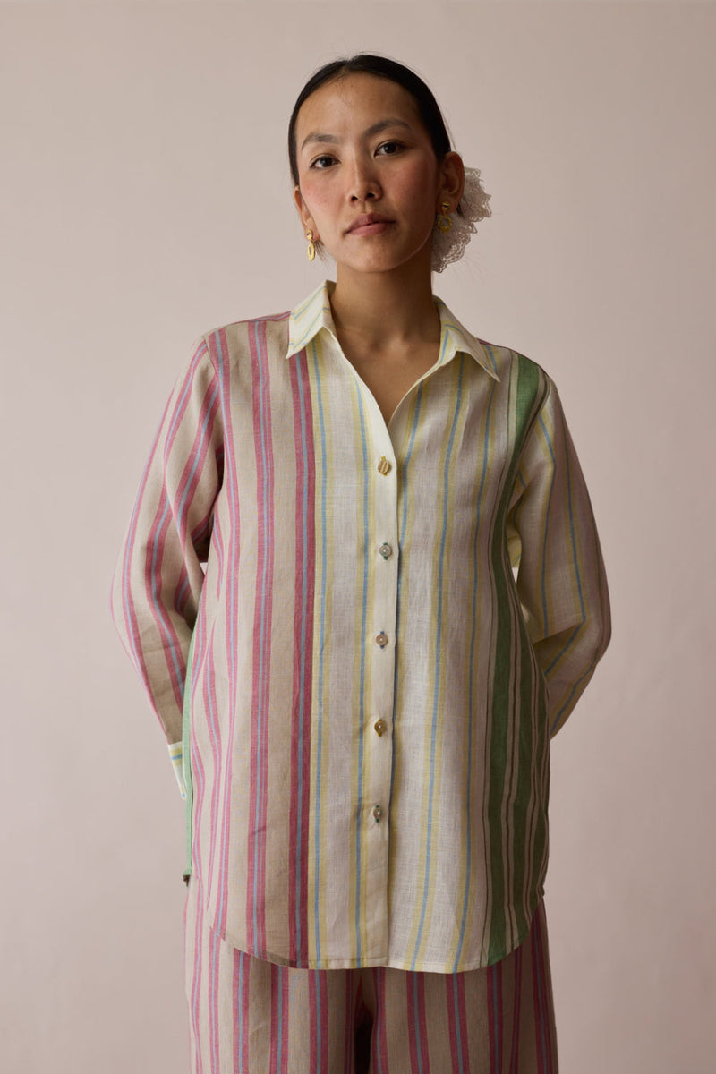 Leena Patchwork Stripe Linen Shirt linen top/shirt by Manan in ivory for women in Singapore