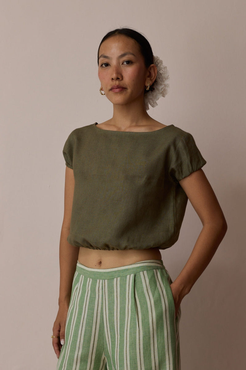 Rimi Linen Crop Top-Olive linen top/shirt by Manan in green for women in Singapore