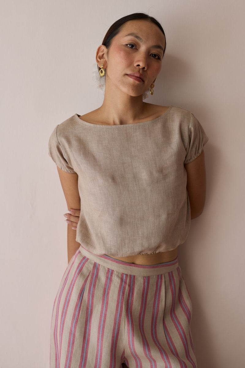 Rimi Linen Crop Top-Natural linen top/shirt by Manan in off white for women in Singapore