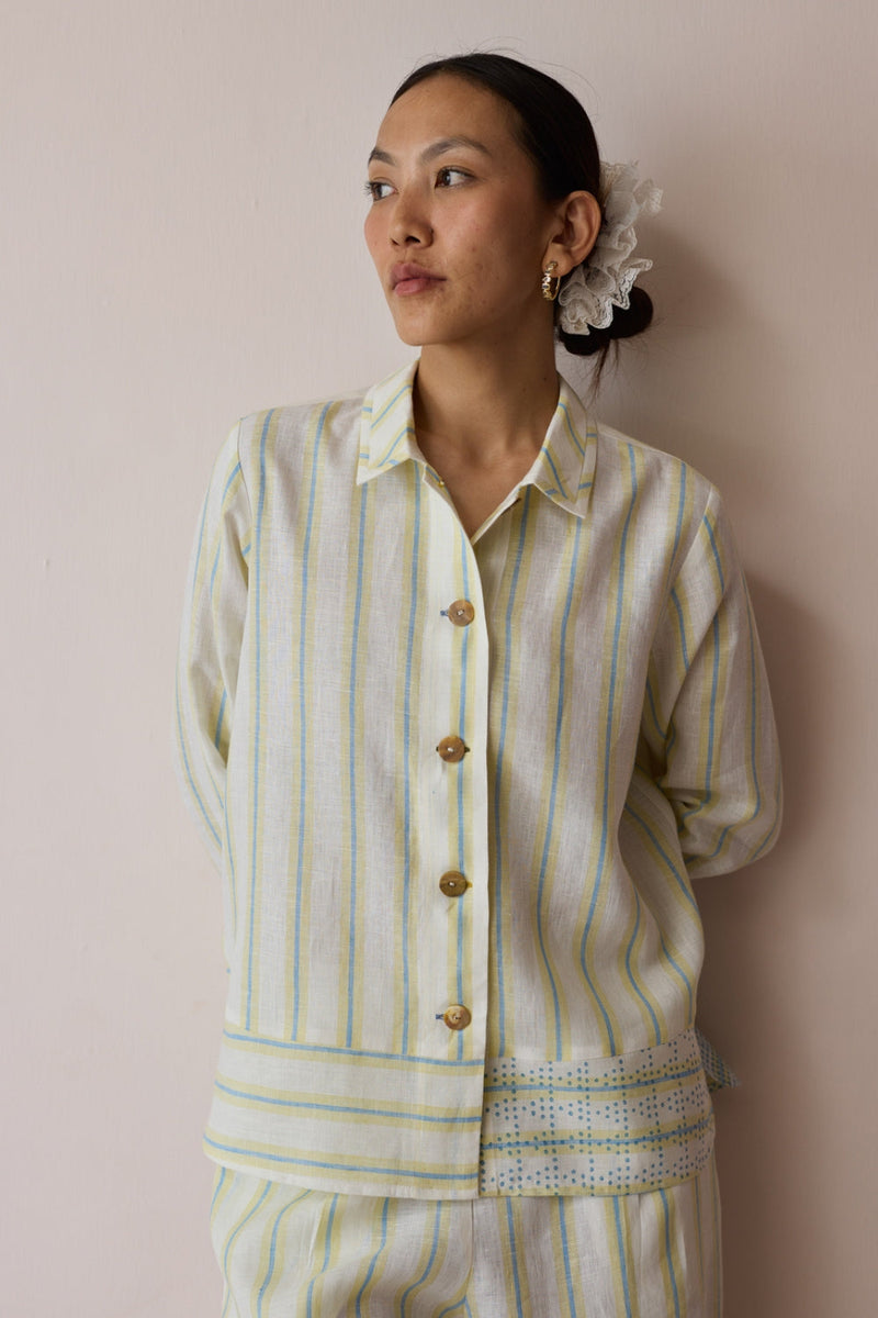 Erra Block-Printed Stripe Linen Shirt-Ivory linen top/shirt by Manan in ivory for women in Singapore