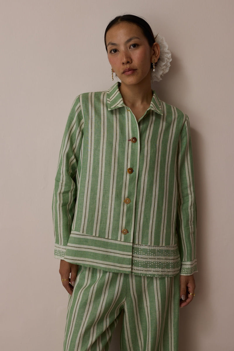 Erra Block-Printed Stripe Linen Shirt-Fern linen top/shirt by Manan in green for women in Singapore