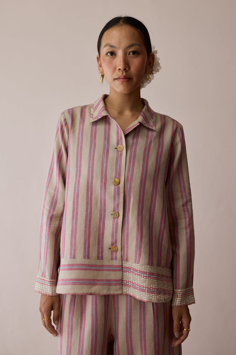 Erra Block-Printed Stripe Linen Shirt-Natural linen top/shirt by Manan in off white for women in Singapore
