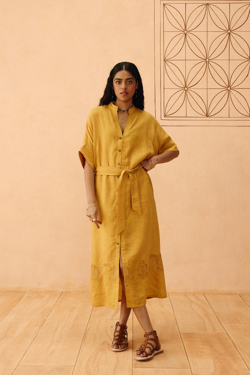 Golden Palm Linen Maxi Dress linen dress by SUI in mustard for women in Singapore