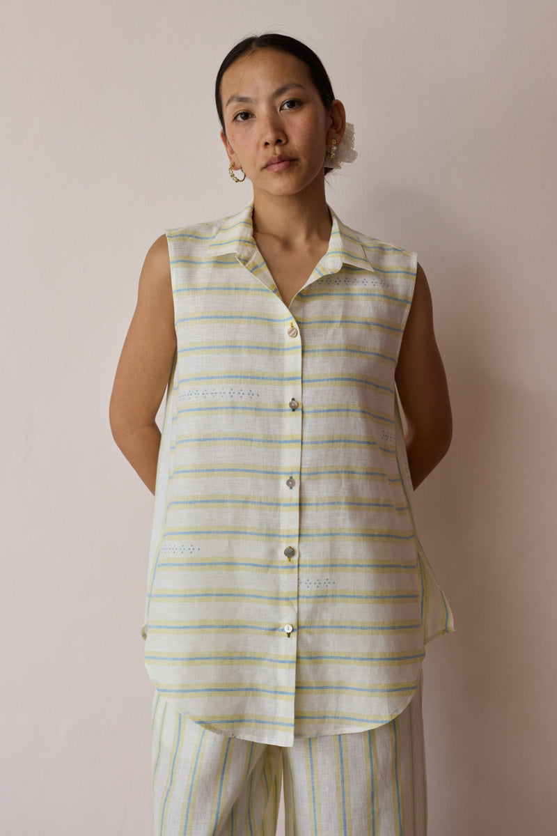 Ello Sleeveless Block-Printed Linen Shirt-Ivory linen top/shirt by Manan in ivory for women in Singapore