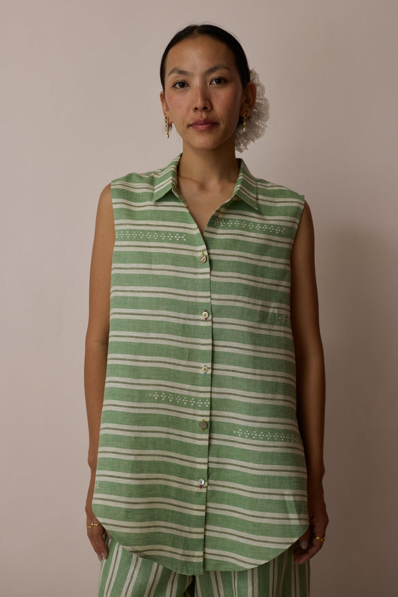 Ello Sleeveless Block-Printed Linen Shirt-Fern linen top/shirt by Manan in green for women in Singapore