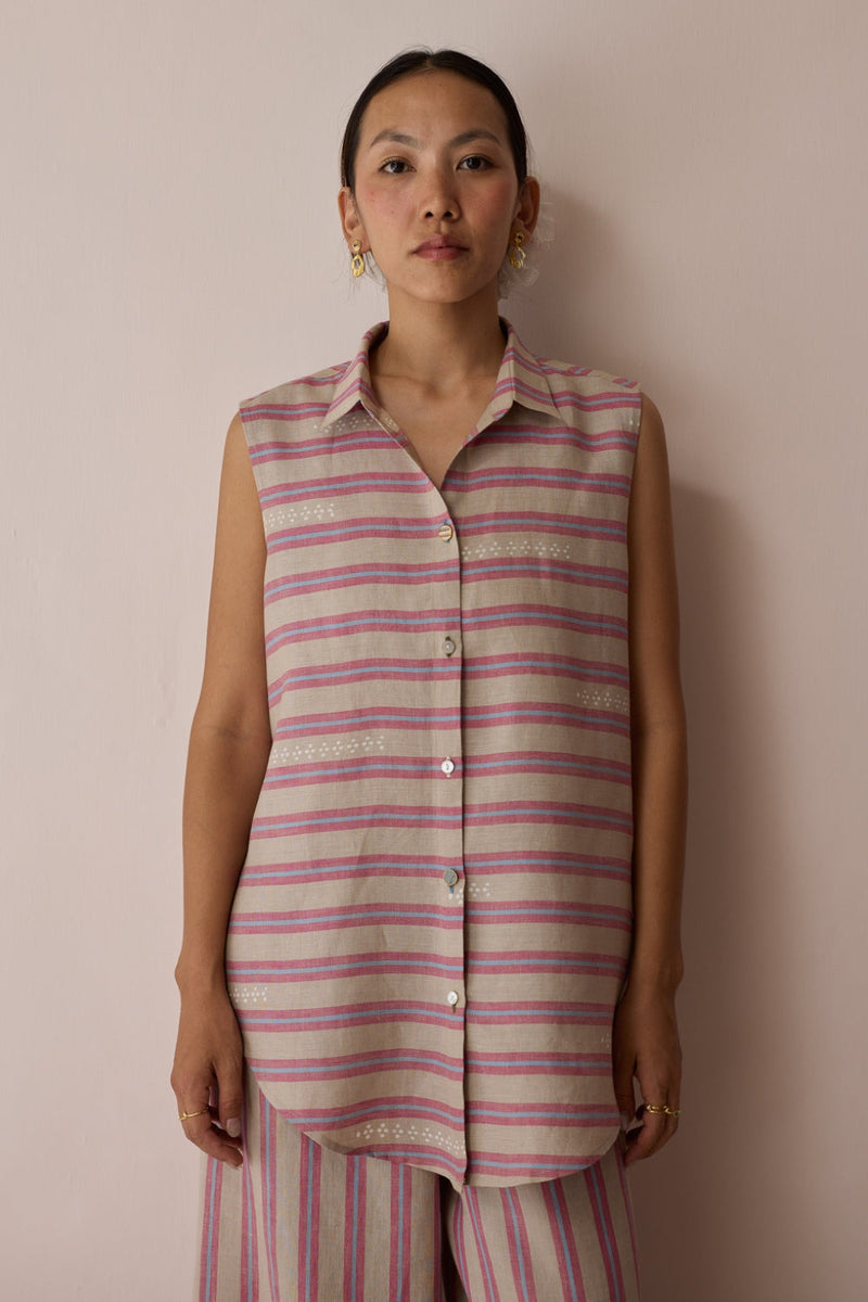 Ello Sleeveless Block-Printed Linen Shirt-Natural linen top/shirt by Manan in off white for women in Singapore