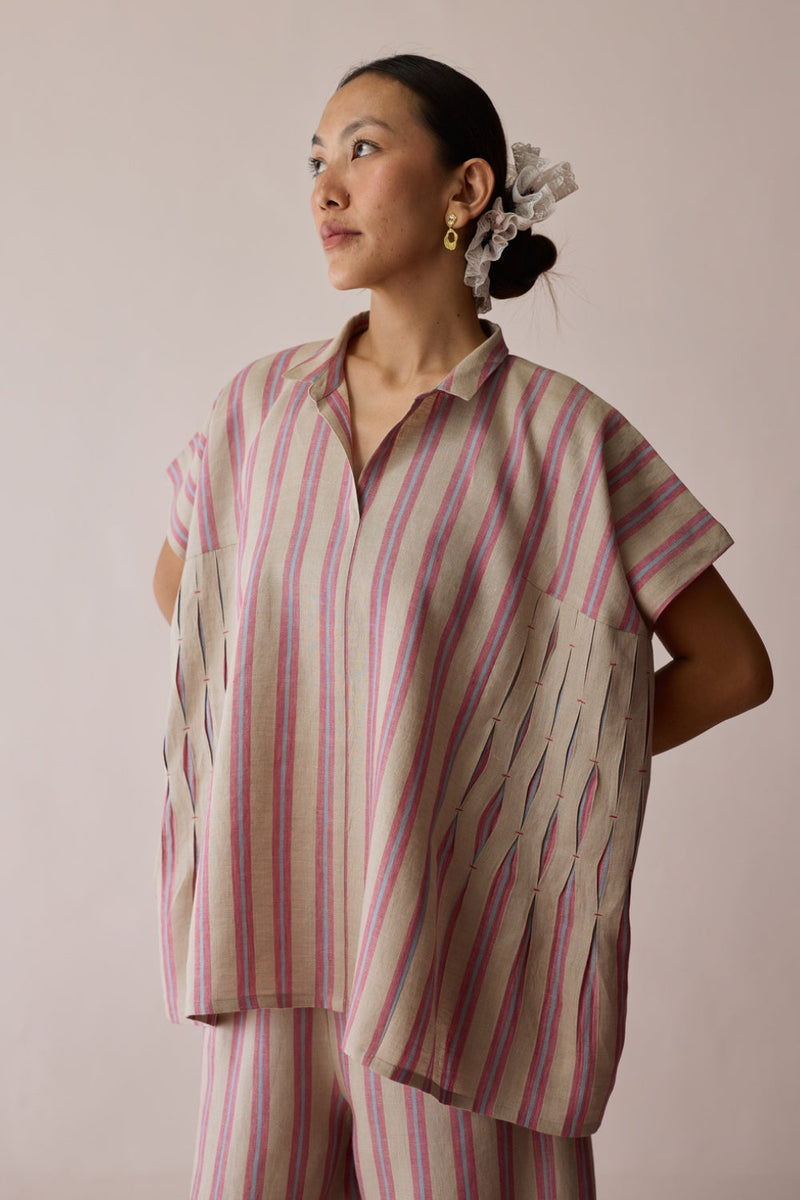 Venn Pleated Stripe Linen Top-Natural linen top/shirt by Manan in off white for women in Singapore