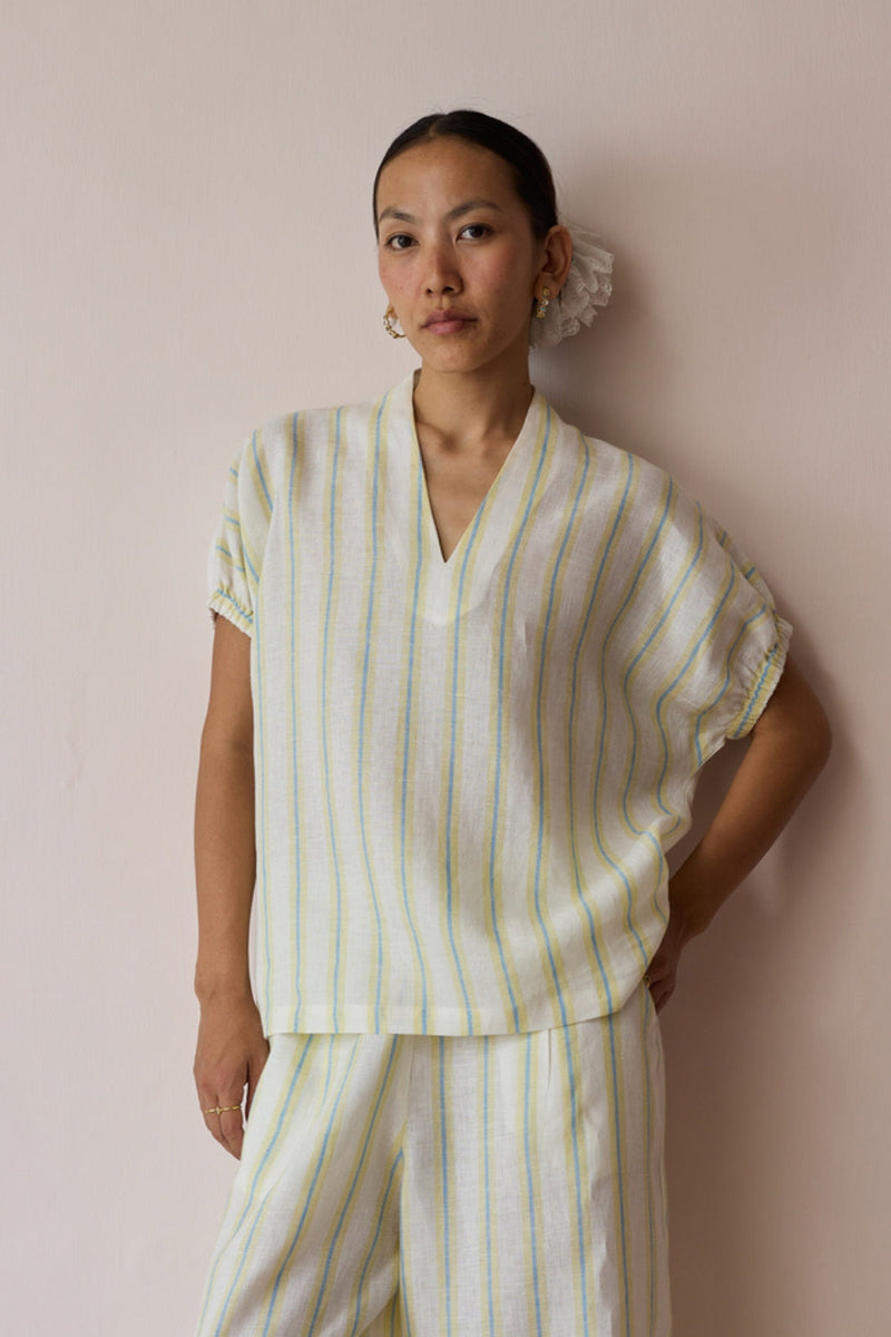 Anne V-Neck Stripe Linen Top-Ivory linen top/shirt by Manan in ivory for women in Singapore