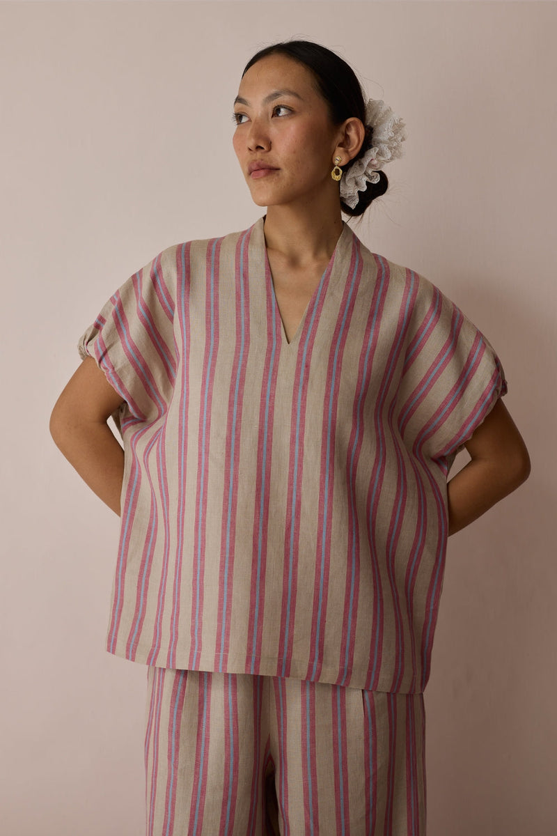 Anne V-Neck Stripe Linen Top-Natural linen top/shirt by Manan in off white for women in Singapore