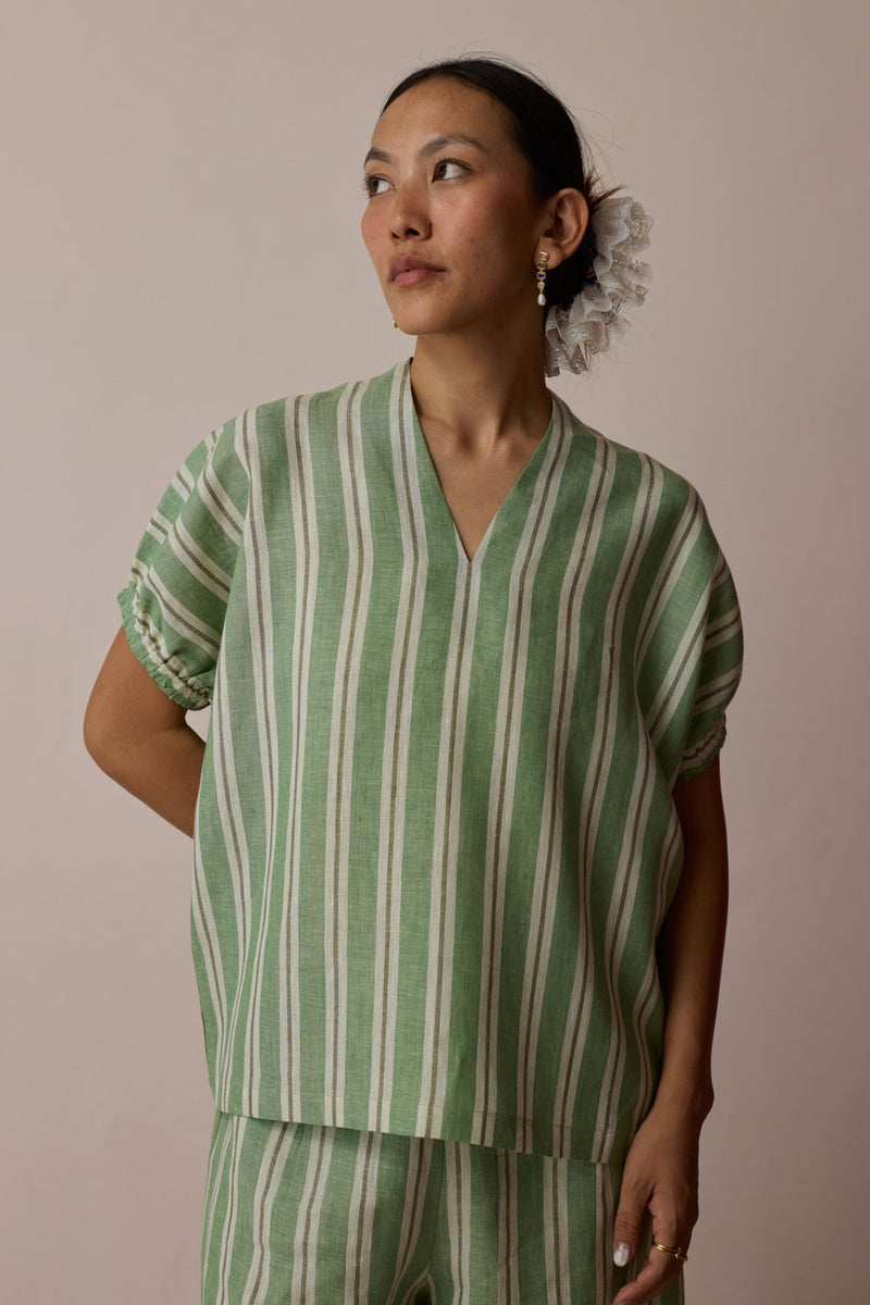 Anne V-Neck Stripe Linen Top-Fern linen top/shirt by Manan in green for women in Singapore
