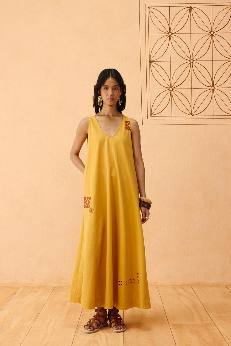 Golden Ghar Organic Cotton Maxi Dress poplin dress by SUI in mustard for women in Singapore