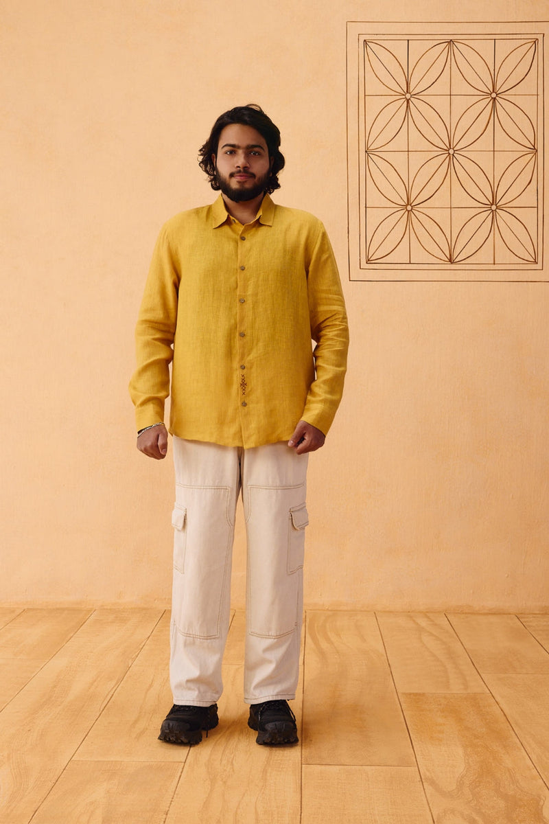 Golden Palm Men's Linen Shirt linen top/shirt by SUI in mustard for women in Singapore