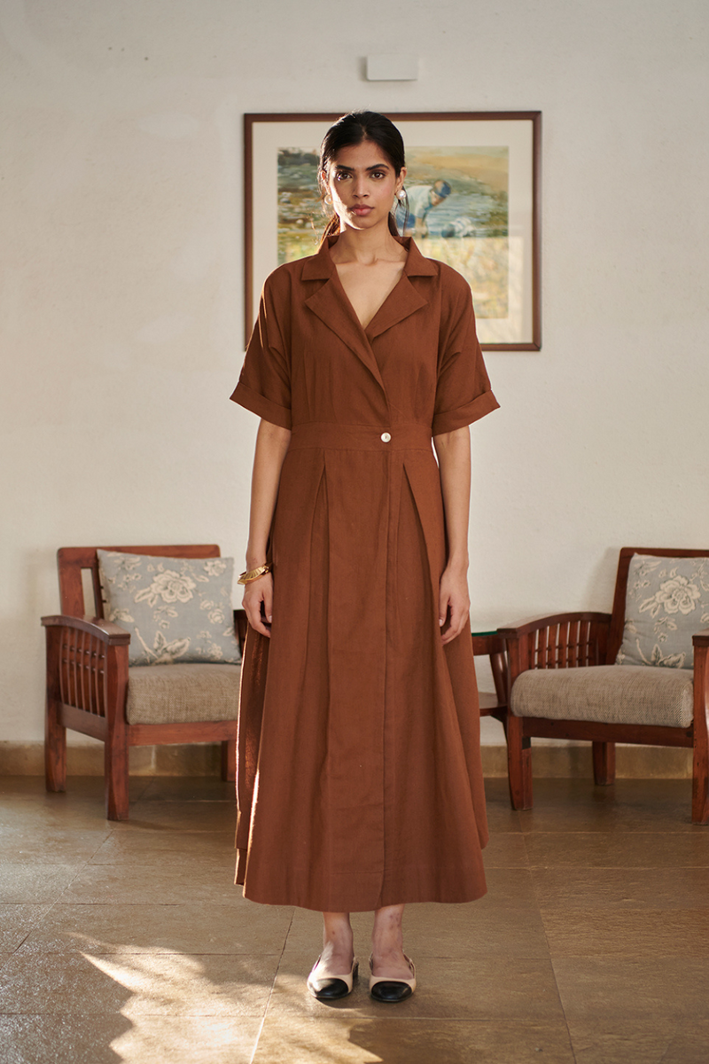 Mocha Co-Linen Wrap Dress