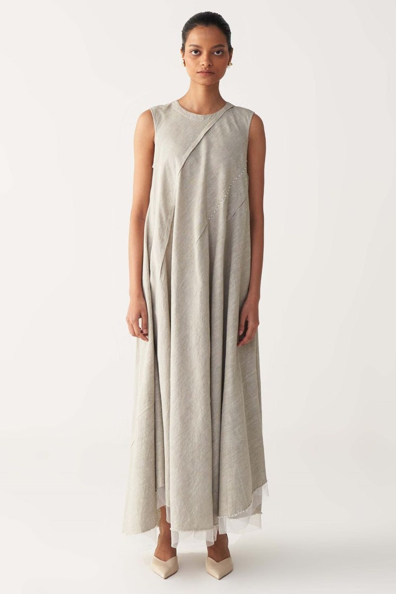 DIAGONAL PLEAT DRESS-BEIGE cotton by THREE in beige color for women in Singapore