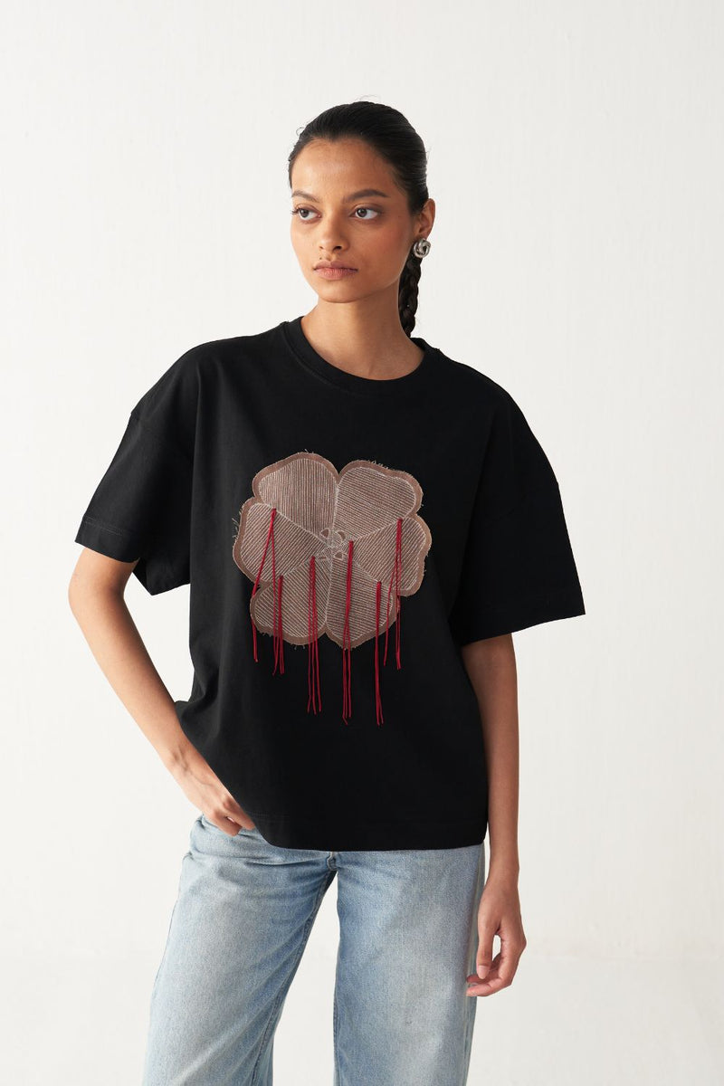 FLORAL FRINGE T-SHIRT+DENIM-BLACK cotton by THREE in black color for women in Singapore