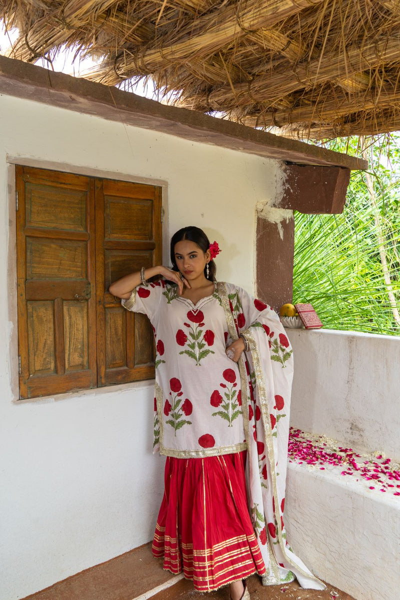 Saundh Red and White hand block printed mughal boota sharara set cotton Buy Saundh Red and White hand block printed mughal boota sharara set from C&W | Kurta/Kurta Sets for Women by Maison Shefali in multi color for women in Singapore