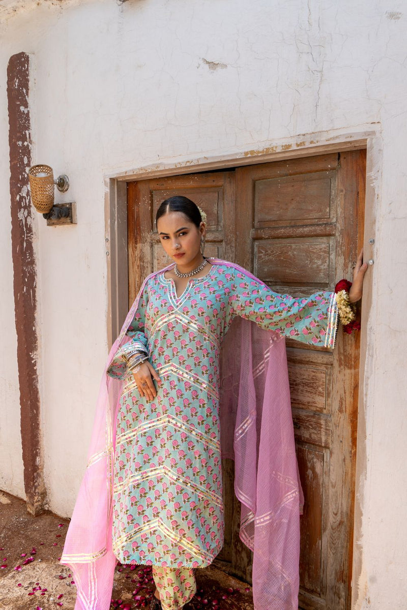 Saundh Pink and Blue hand block printed cotton Salwar set cotton Buy Saundh Pink and Blue hand block printed cotton Salwar set from C&W | Kurta/Kurta Sets for Women by Maison Shefali in multi color for women in Singapore