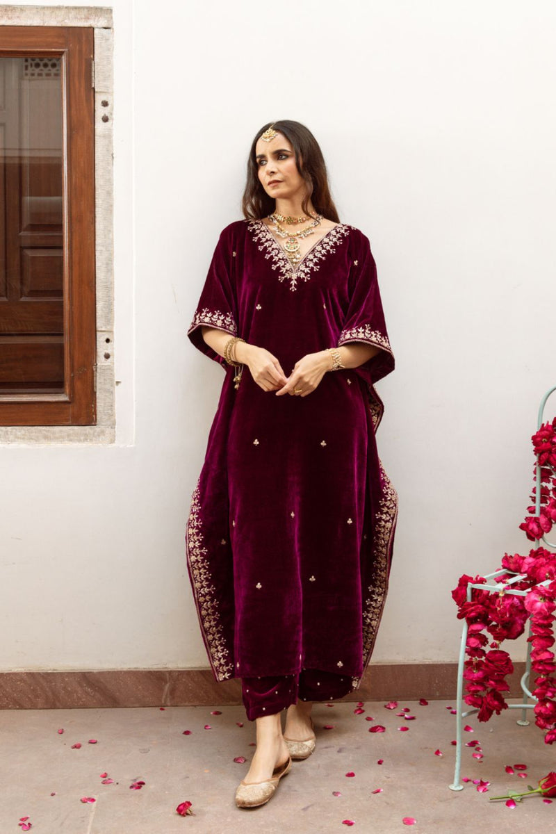 Ibtida - Velvet Embroidered Kaftan Set silk Buy Ibtida - Velvet Embroidered Kaftan Set from C&W | Kurta/Kurta Sets for Women by Maison Shefali in purple color for women in Singapore