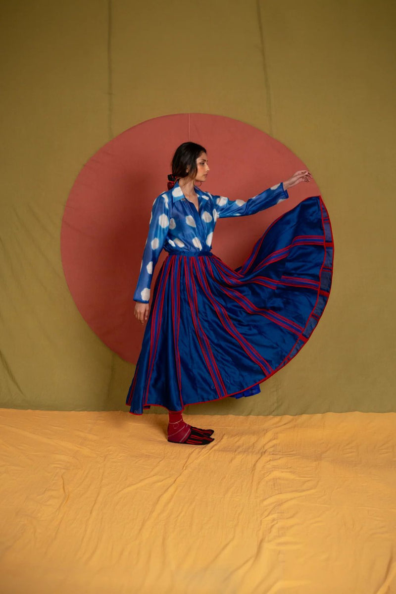 My Simp Skirt-Ink Blue and Red chanderi skirt by Ka-Sha in red for women in Singapore
