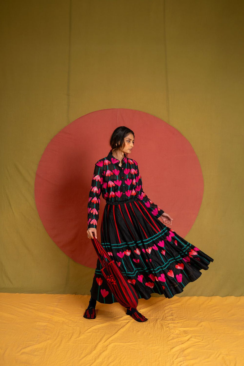 Kamal Shirt-Black and Multicolour chanderi top/shirt by Ka-Sha in multicolor for women in Singapore