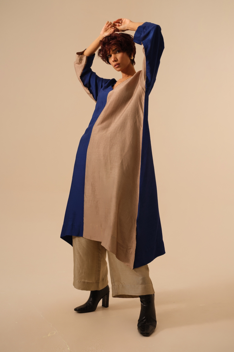 Onyx Tunic-Blue + Grey mysore silk kaftans and tunics by Stoique in blue for women in Singapore