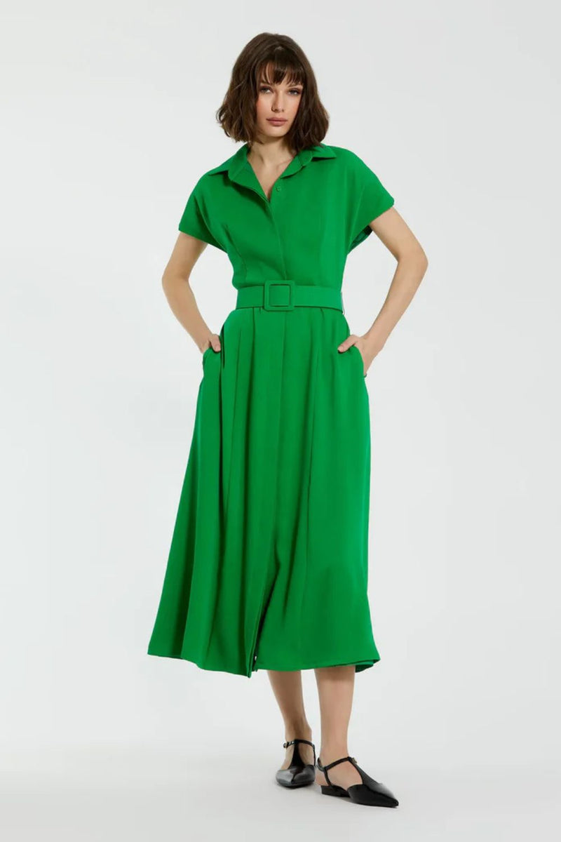 21000-Midi Dress With Belt-Spring Green by Mac Duggal in green color for women in Singapore