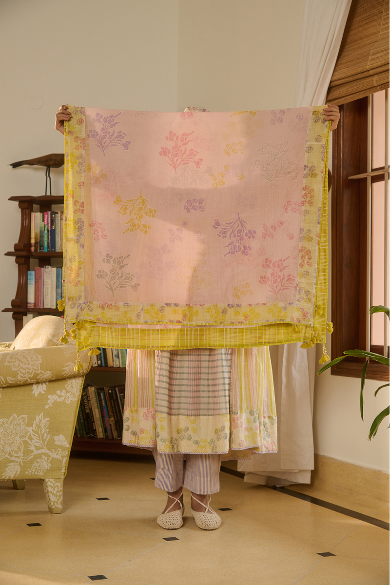 TESS STOLE-PINK WITH IVORY BORDER chanderi by SWATTI KAPOOR in multi color for women in Singapore