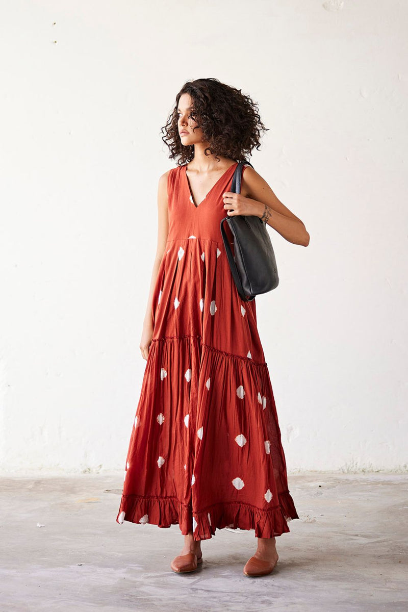 Earthen Hues Dress cotton Dresses by Khara Kapas in red for women in Singapore