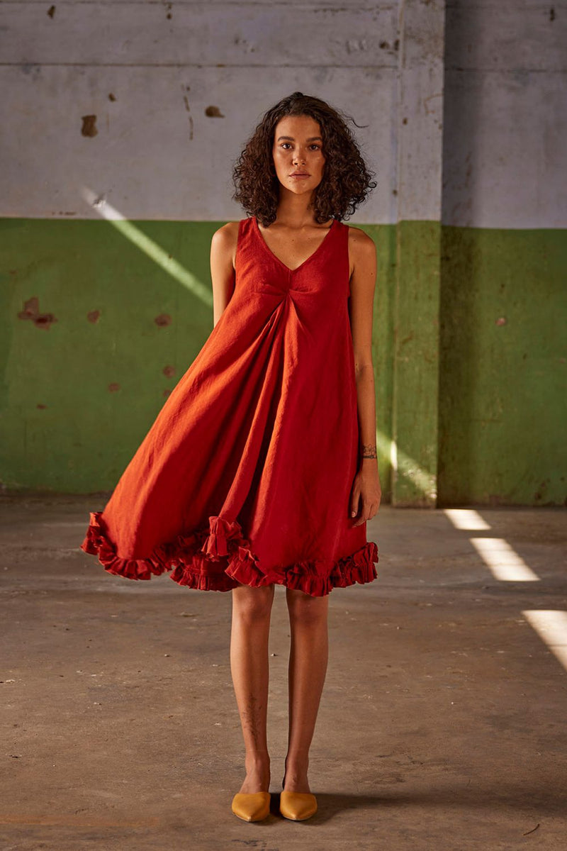 Summer Palette Dress linen Dresses by Khara Kapas in red for women in Singapore