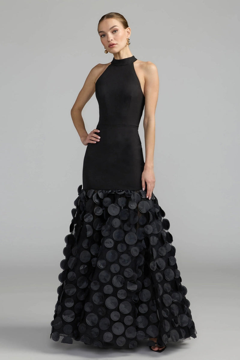 56462-Black Halter Neck 3D Floral Hem Gown polyester evening-gowns by Mac Duggal in black for women in Singapore