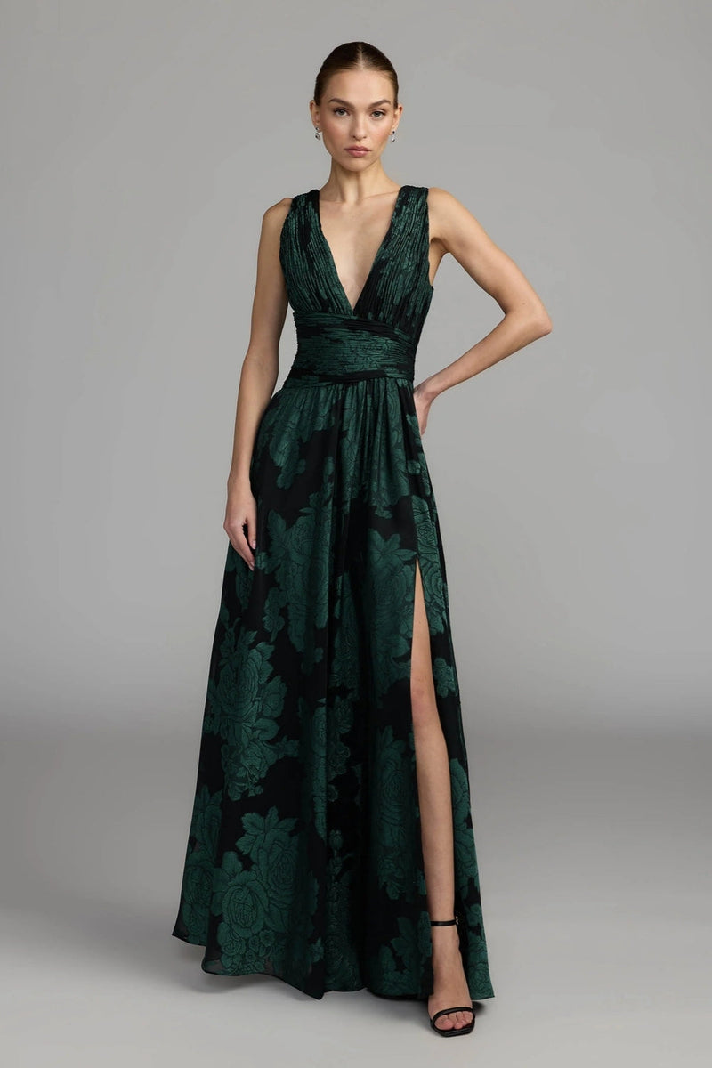 56487-Emerald Floral Sleeveless Plunge Neck Gown polyester cocktail-and-party-dresses by Mac Duggal in multi-color for women in Singapore
