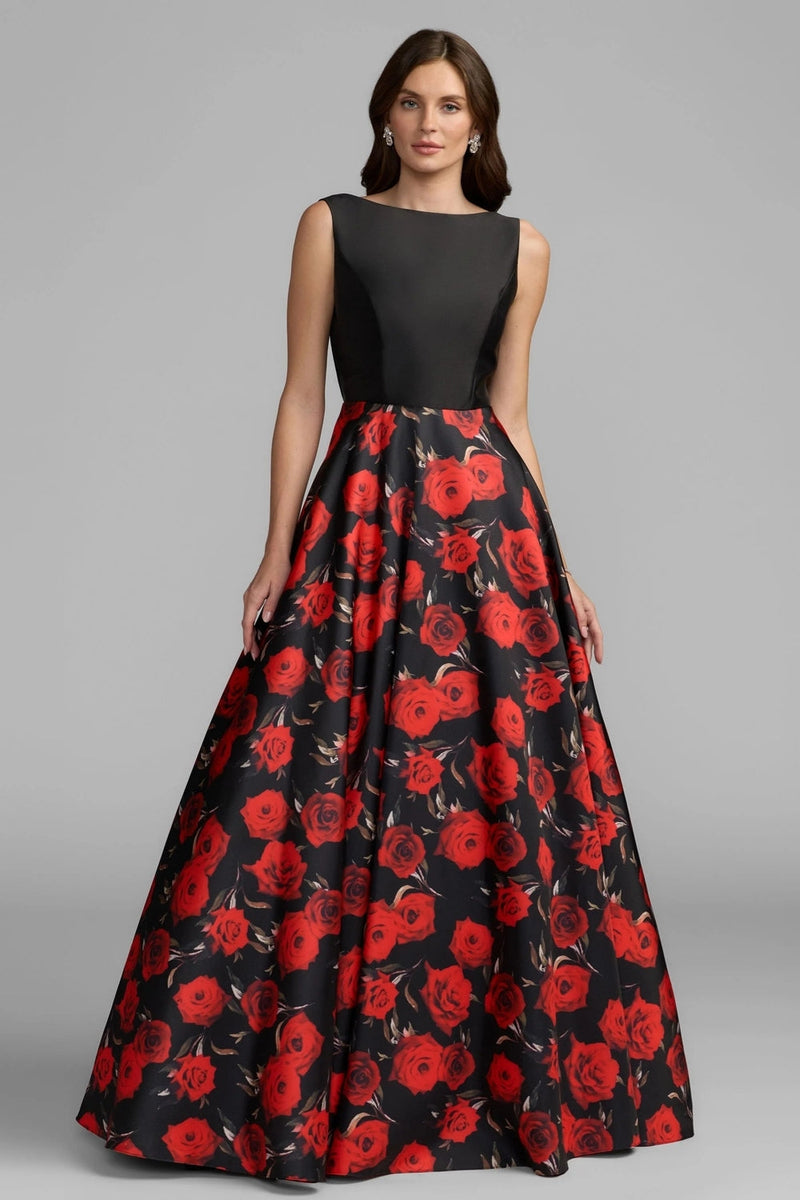 9956469P-Petite Black And Red Floral Open Back Ball Gown polyester cocktail-and-party-dresses by Mac Duggal in red for women in Singapore