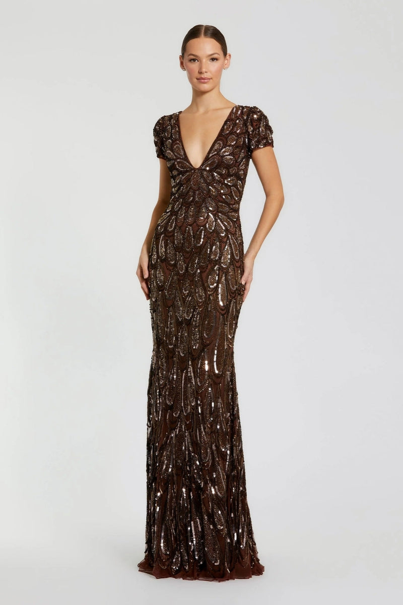 995243P-Petite Brown Embellished Deep V Column Gown polyester evening-gowns by Mac Duggal in brown for women in Singapore