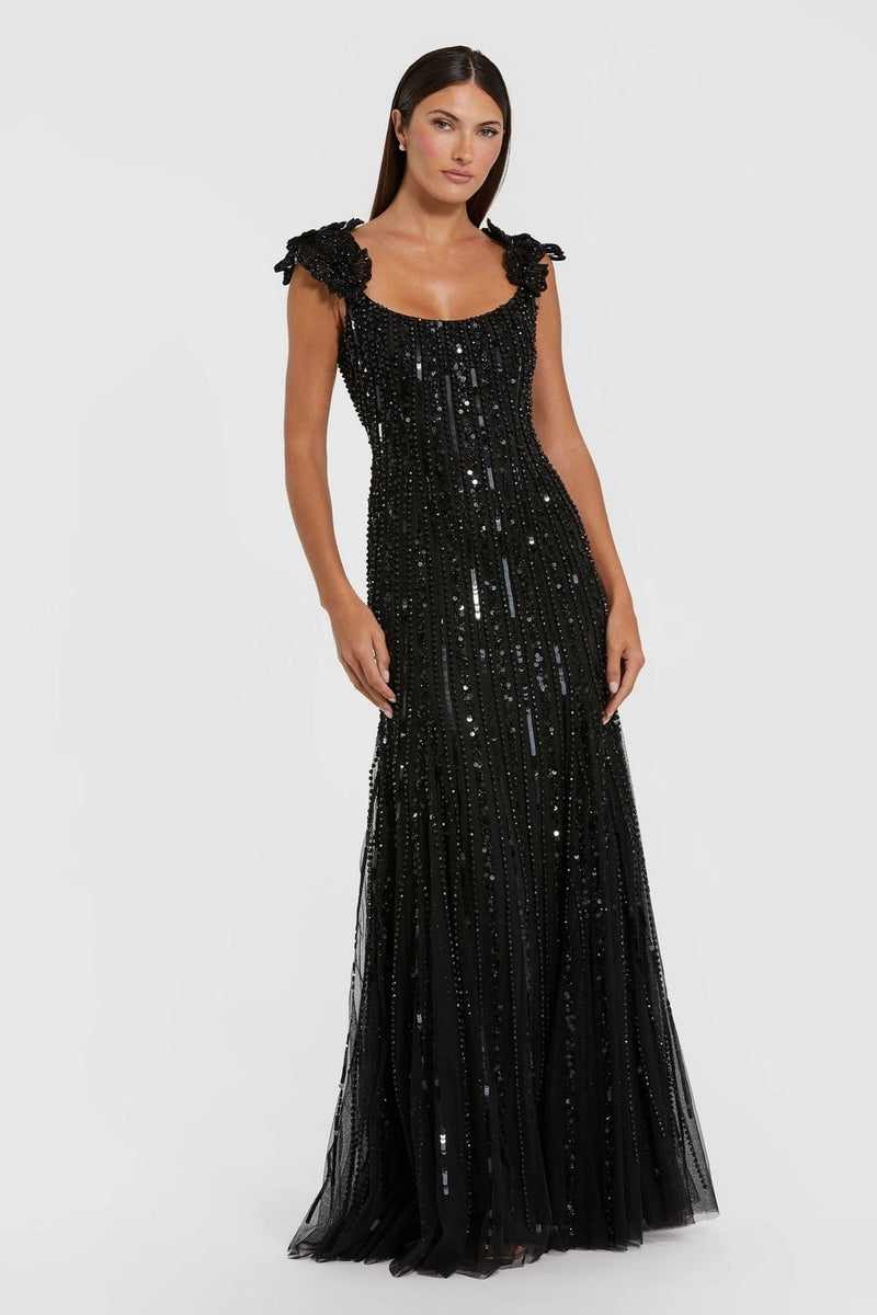 94223-Black Sleeveless Embellished Gown With Floral Accent polyester evening-gowns by Mac Duggal in black for women in Singapore