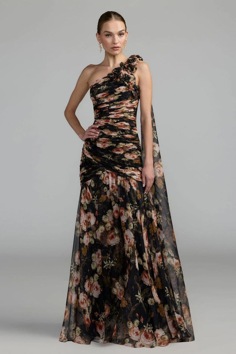 68993-Black One Shoulder Floral Printed Chiffon Gown polyester cocktail-and-party-dresses by Mac Duggal in multi-color for women in Singapore