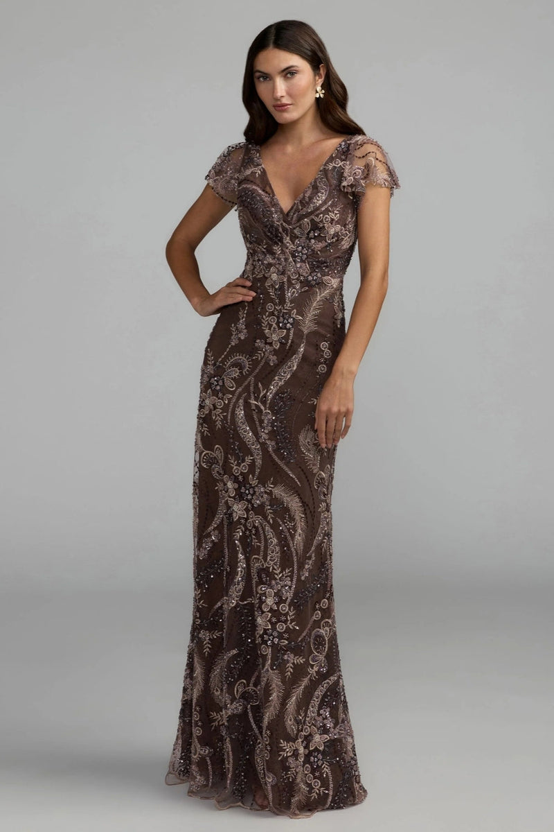 68914-Brown V Neck Flutter Sleeve Embroidered Lace Gown polyester evening-gowns by Mac Duggal in brown for women in Singapore